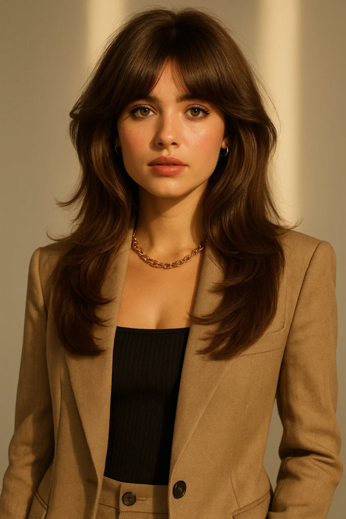 Curtain Bangs with U‑Shape Layered Cut in soft sunlight