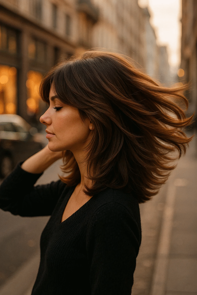 Side view of curtain bangs with U-shape layered cut