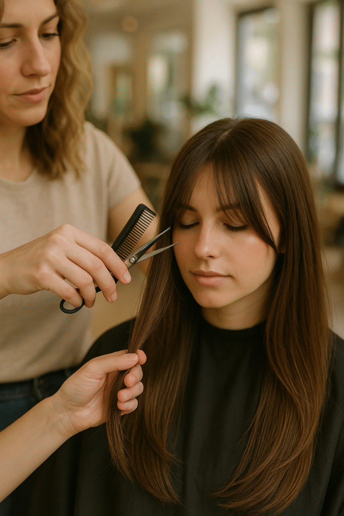 Haircut in progress — curtain bangs with U-shape layered cut