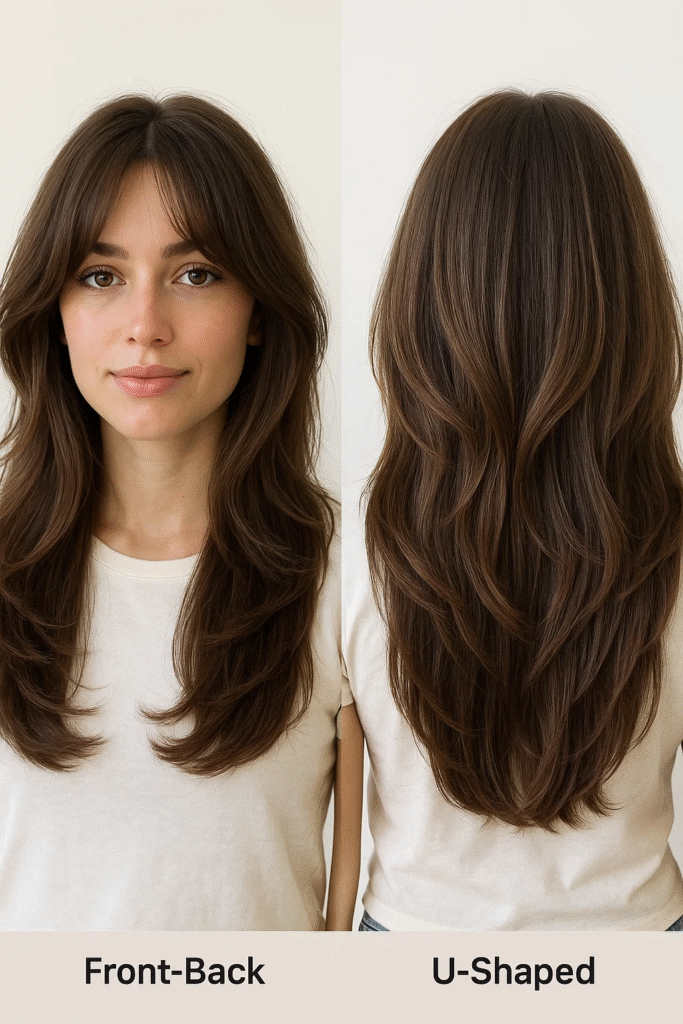Reference photos for curtain bangs with U-shape layered haircut