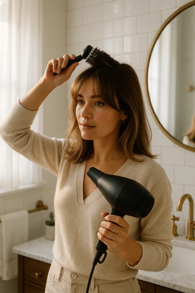 Blow-drying curtain bangs in a U-shape haircut