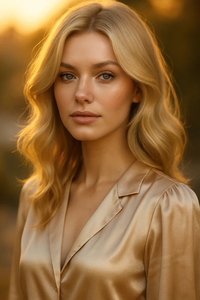 Champagne Blonde Hair Color styled in soft waves under warm light