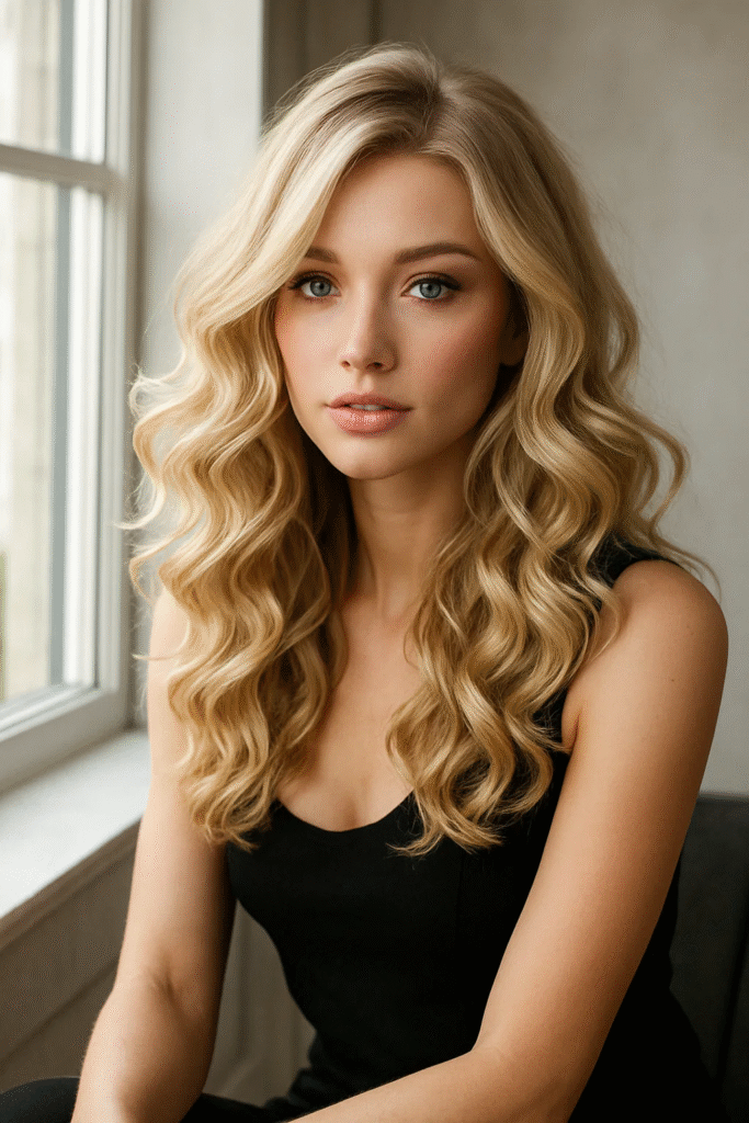 Voluminous Champagne Blonde Hair with soft curls