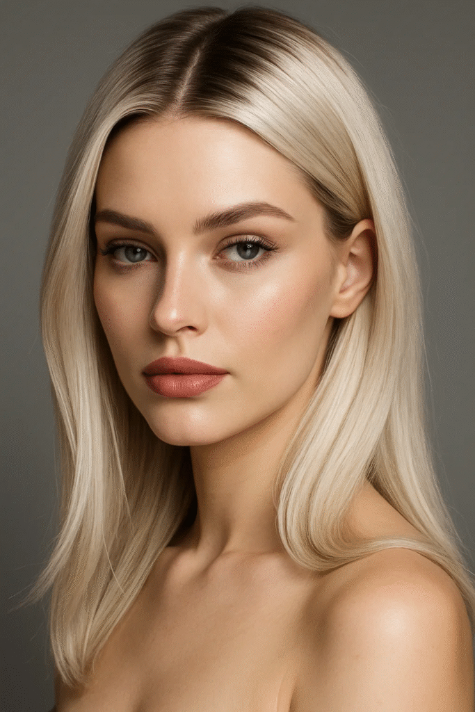 Icy Champagne Blonde Hair Color with root shadow

