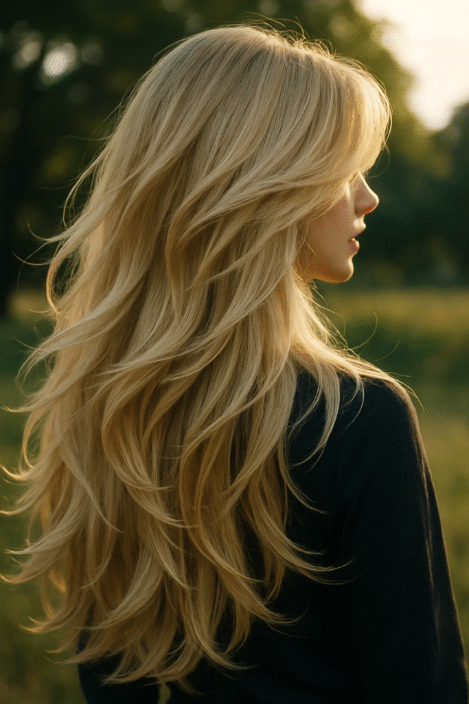 Long Layered Champagne Blonde Hair in natural light
