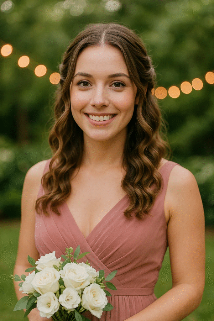Bridesmaid with twisted crown and soft curls half up hairstyle