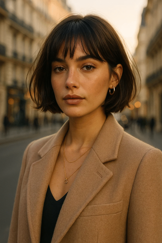 Chic woman showing off her modern bob with bangs in a Parisian setting