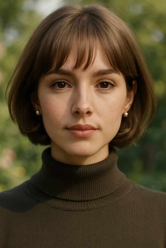 Heart-shaped face framed perfectly with soft bob and light bangs