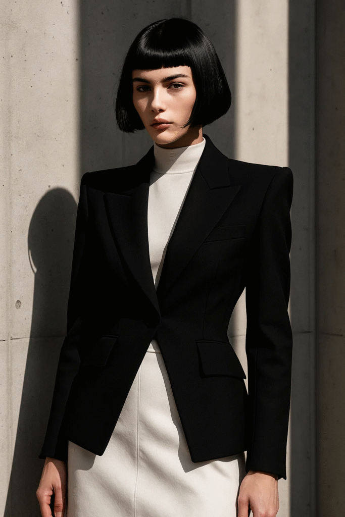 Glossy blunt bob with micro bangs styled for an editorial look

