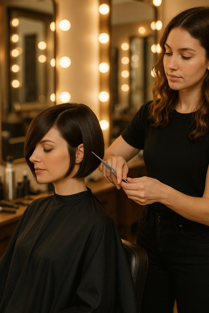 Salon moment capturing a stylist shaping a bob with side-swept bangs