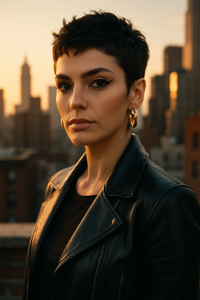Confident woman rocking the Pixie Cut Trend 2025 in urban style