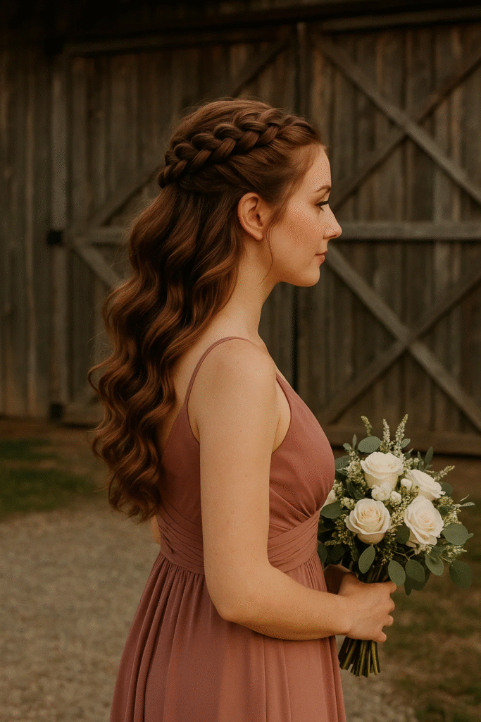 Braided half up hairstyle for rustic bridesmaid look