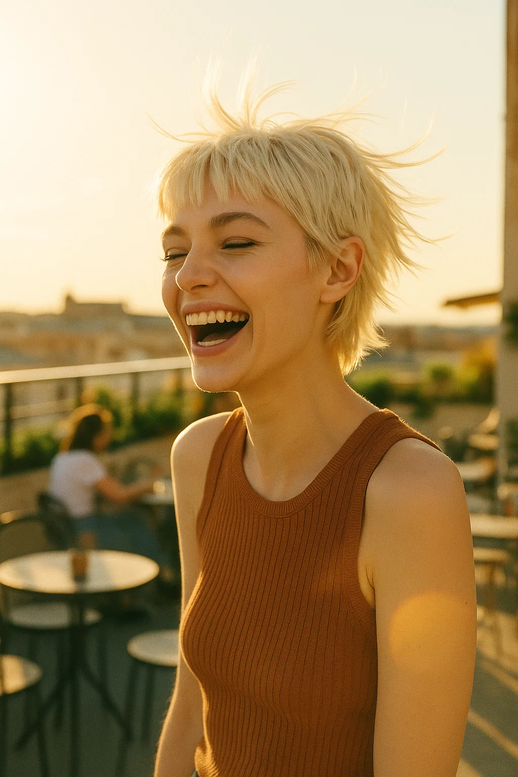 Choppy textured pixie cut styled for effortless cool