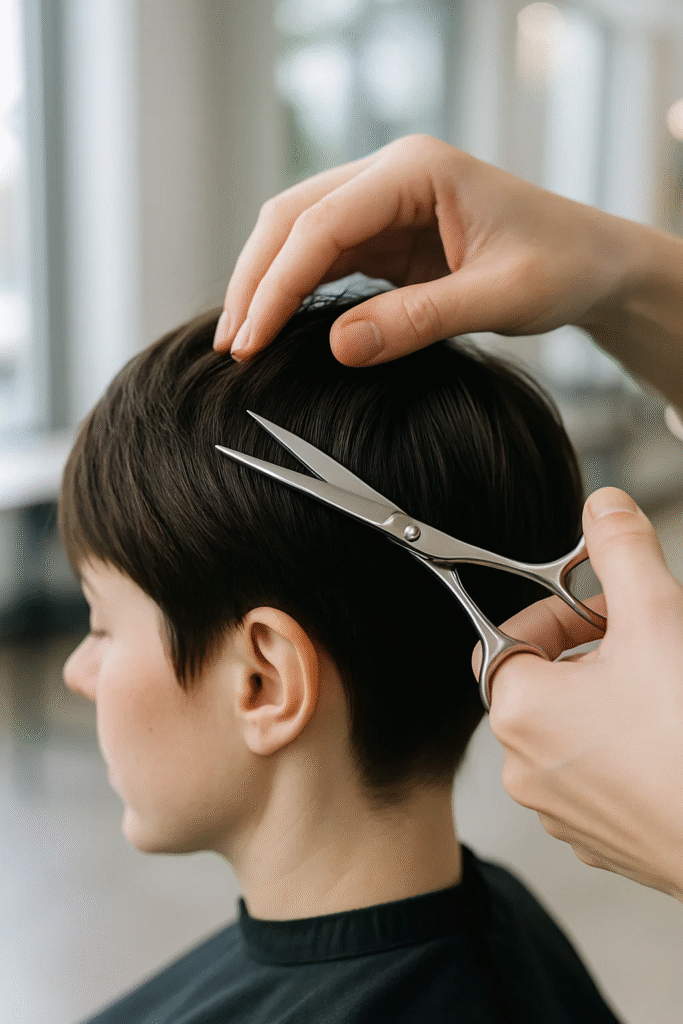 Pixie cut being trimmed at salon for regular upkeep