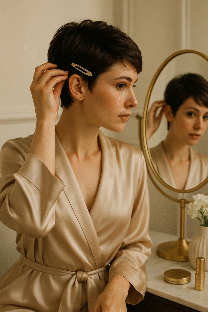 Hair clip accessory styling with trendy 2025 pixie haircut