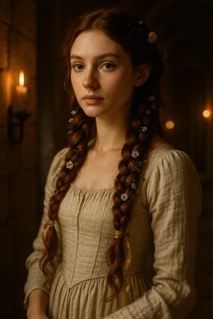 Woman with romantic castlecore braids in a medieval castle setting

