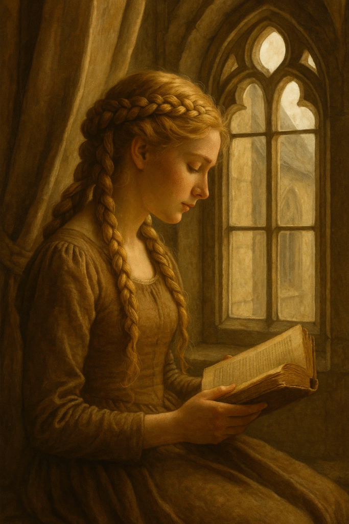 Castlecore braids with silk accents in a dreamy medieval setting