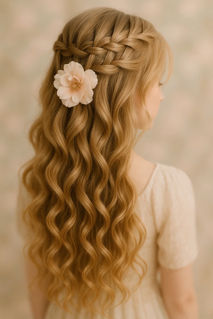 Waterfall braid half up half down hairstyle with curls