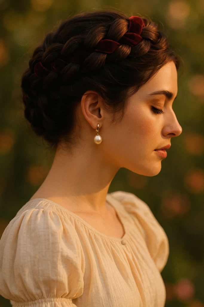 Crown-style castlecore braids with velvet ribbon accents