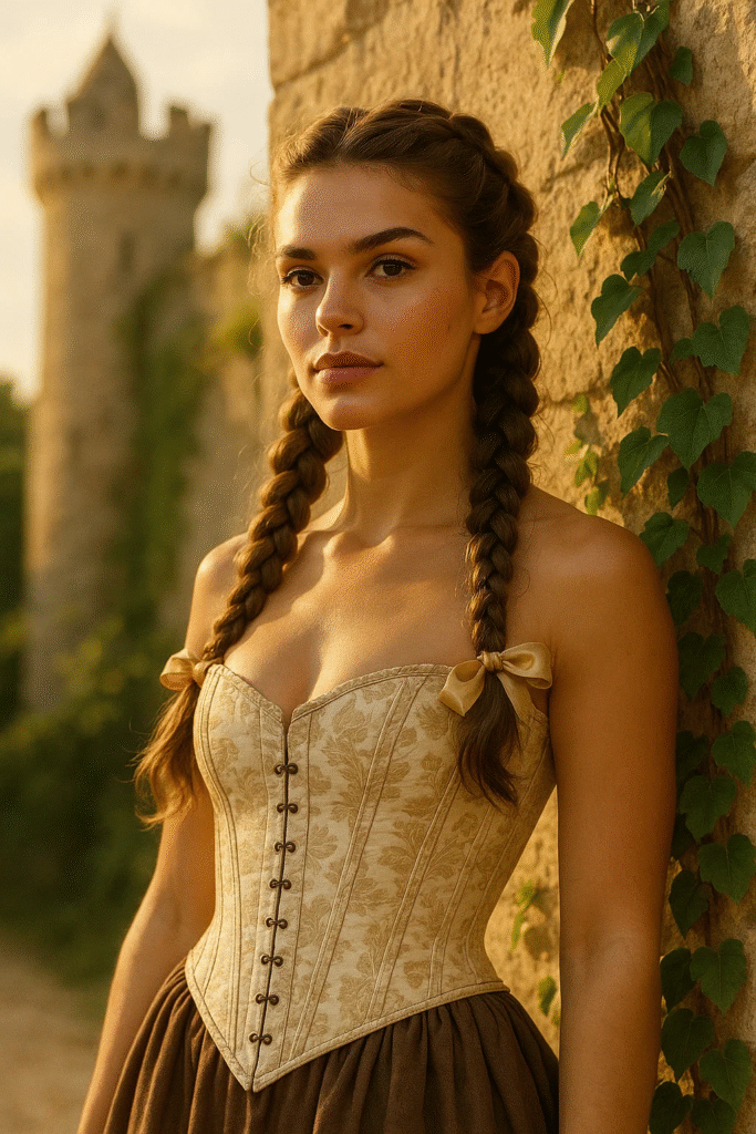 Dutch braided castlecore hairstyle with vintage renaissance outfit