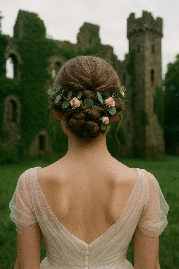 Braided bun with floral vine twist in castlecore style