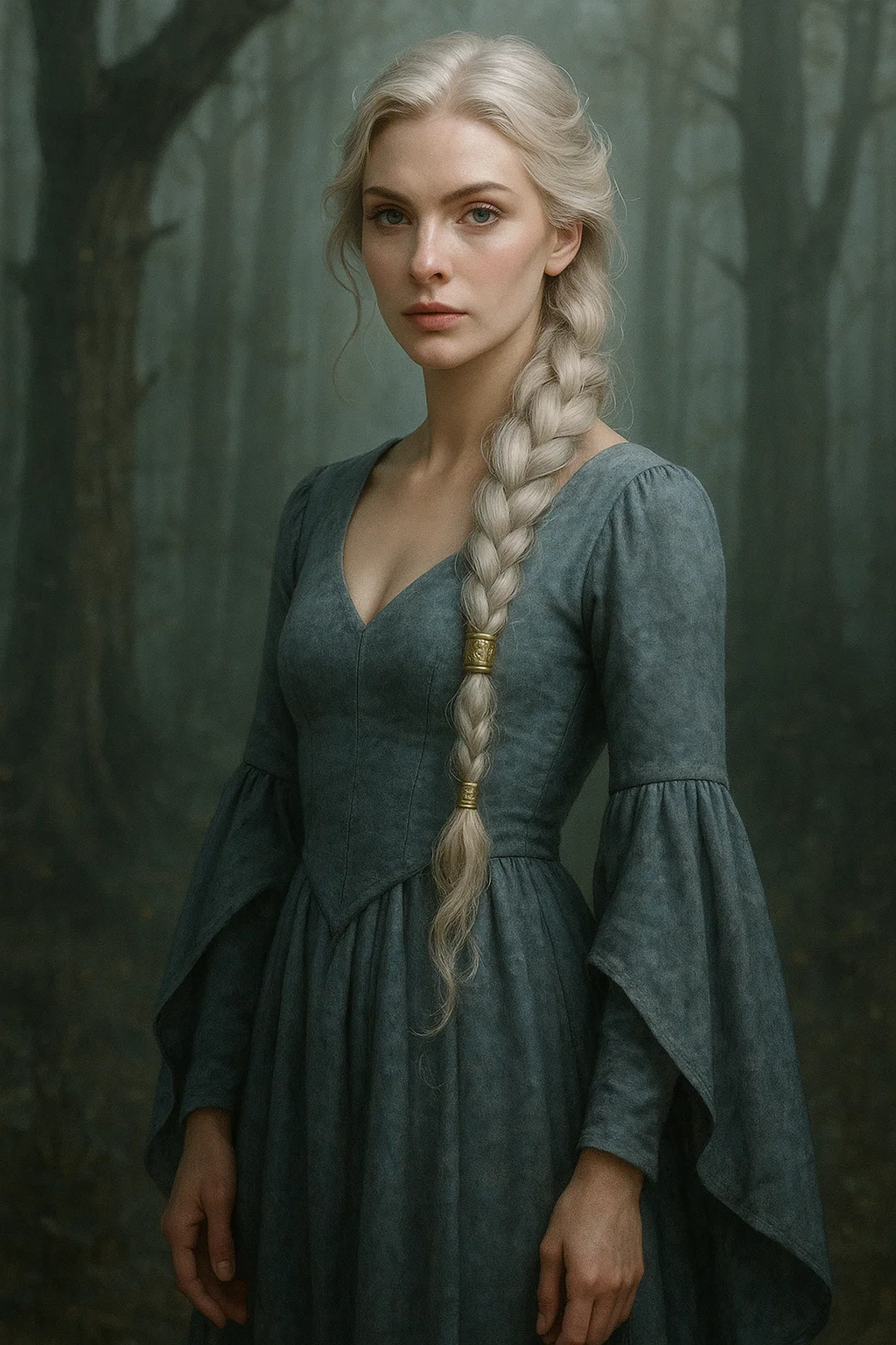 Elven-inspired side braid with gold hair cuffs in castlecore aesthetic