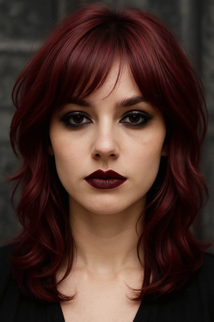 Cherry‑coded hair styled with dark lipstick and soft waves