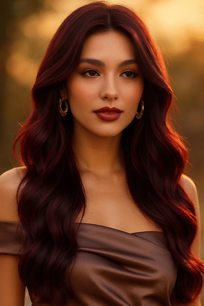 Woman with dark cherry‑coded hair color in golden sunset light

