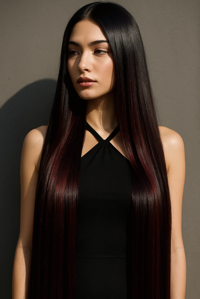 Glossy black cherry‑coded hair with subtle burgundy dimension