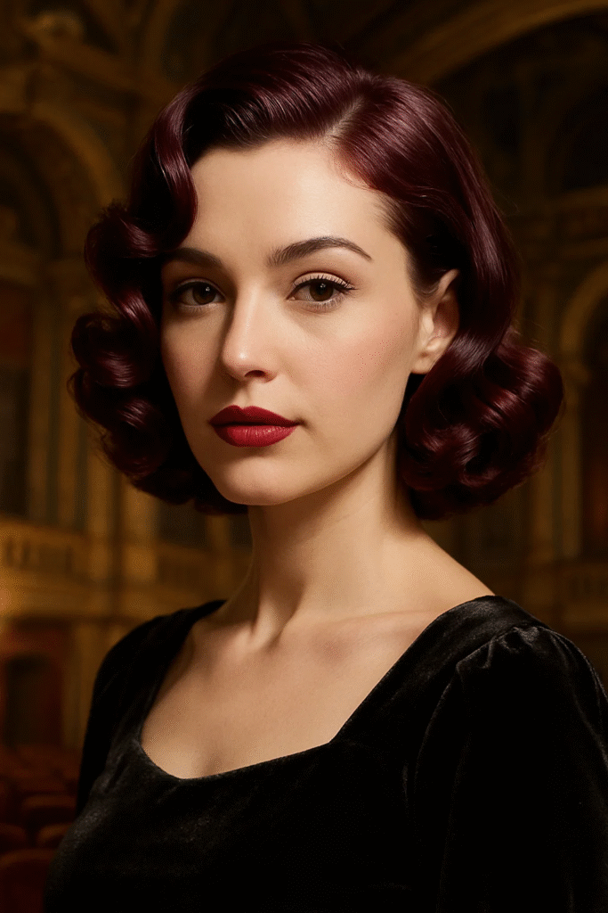 Velvety plum cherry‑coded waves in a vintage-inspired style