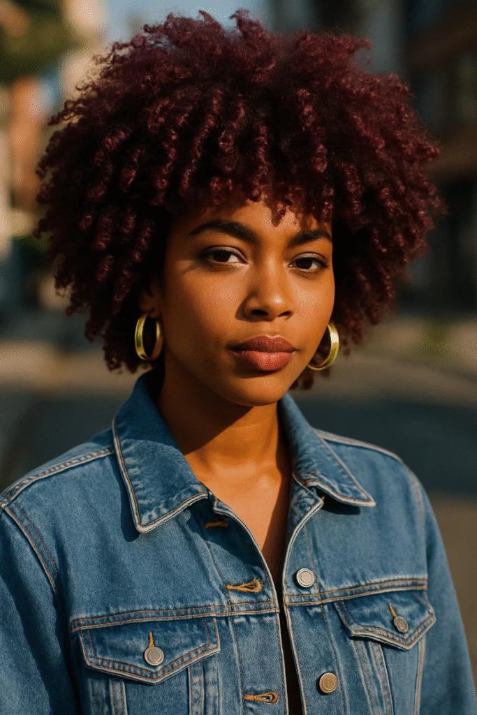 Defined curly hair styled in cherry‑coded color trend