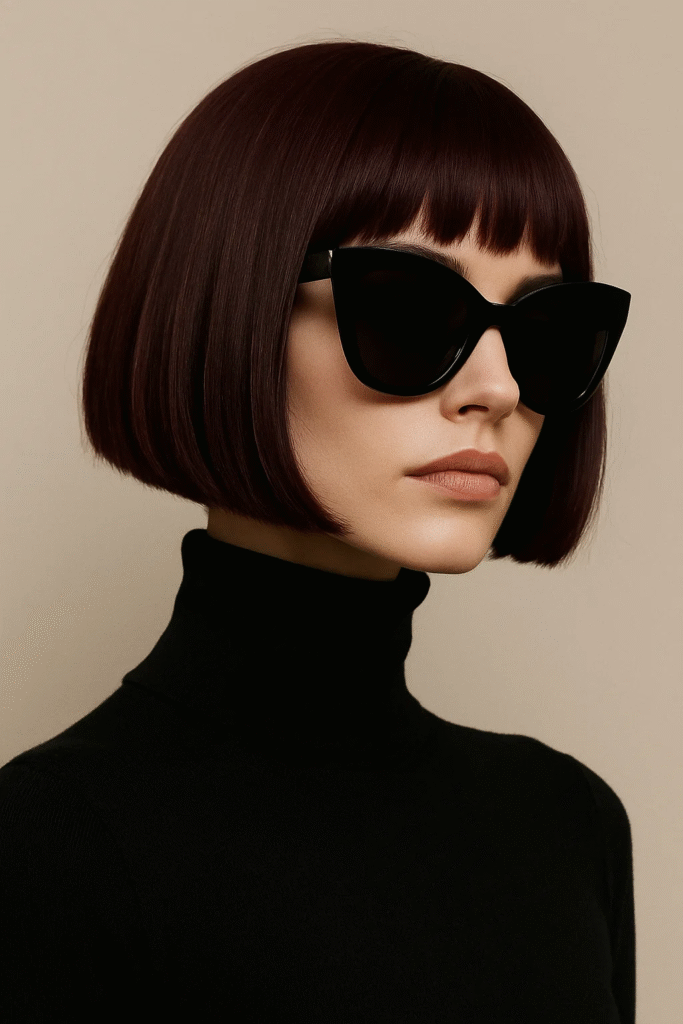 Short cherry‑coded bob cut styled in a sleek fashion look