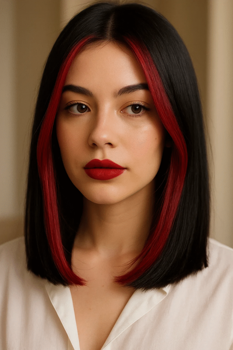 Cherry‑coded crimson money pieces framing the face