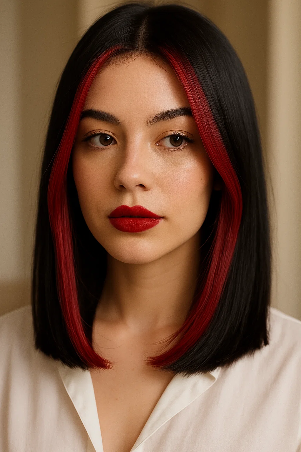 Cherry‑coded crimson money pieces framing the face