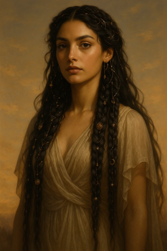 Woman with Goddesscore braids adorned with gold accents under glowing sky