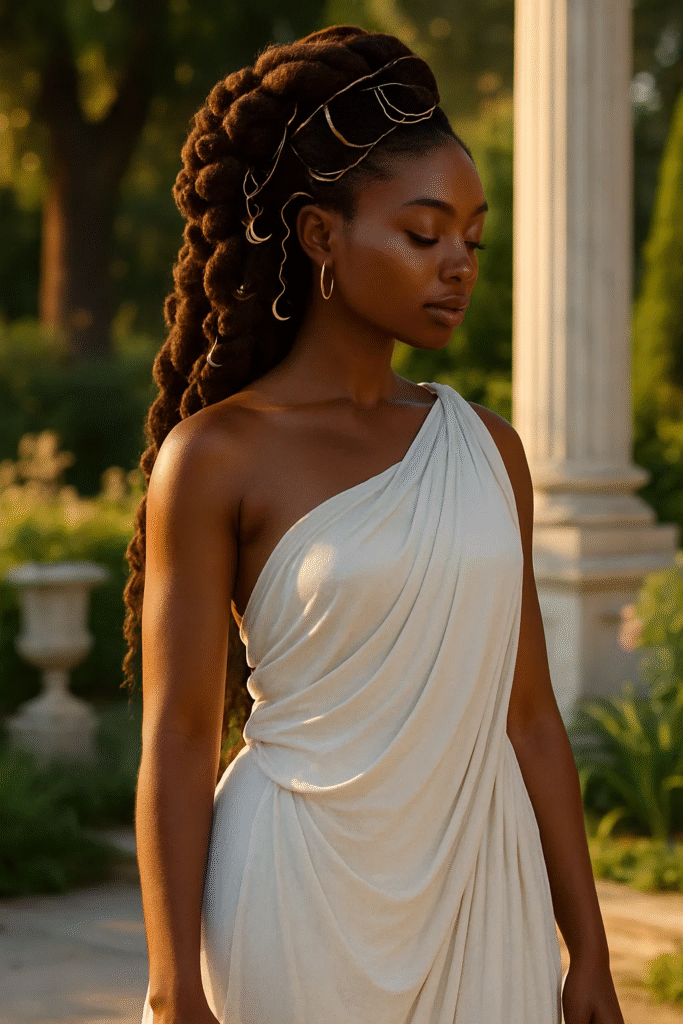 Goddesscore braids with golden accents in a marble garden setting