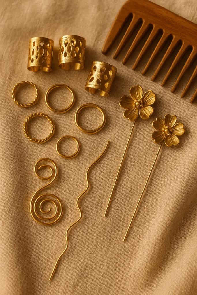 Golden accessories for styling Goddesscore braids