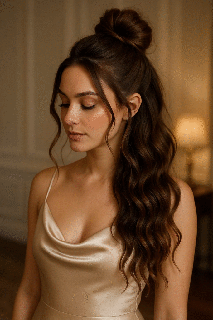 Half up knot bun bridesmaid hairstyle