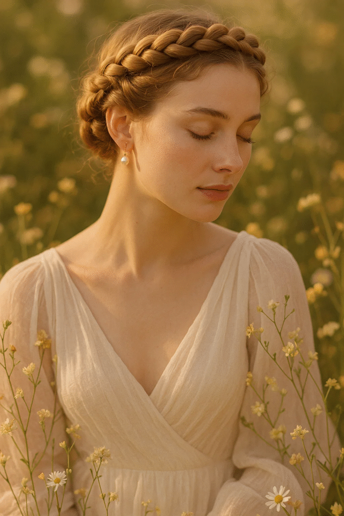 Golden rope crown braid styled for ethereal bridal vibes