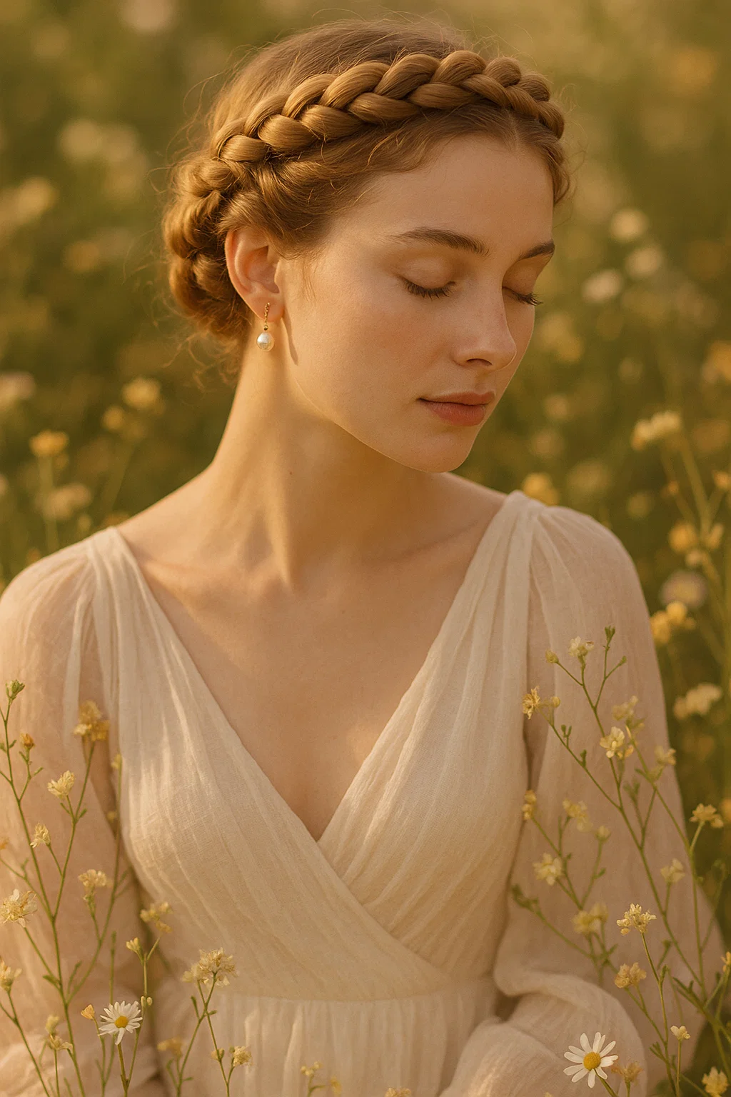 Golden rope crown braid styled for ethereal bridal vibes