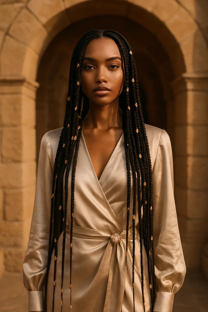 Long Goddesscore braids with gold beads and celestial charms

