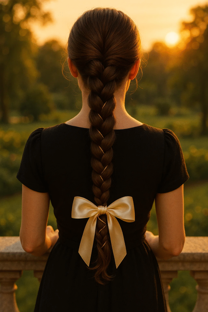 Braided ponytail wrapped in gold cord for a sleek Goddesscore look

