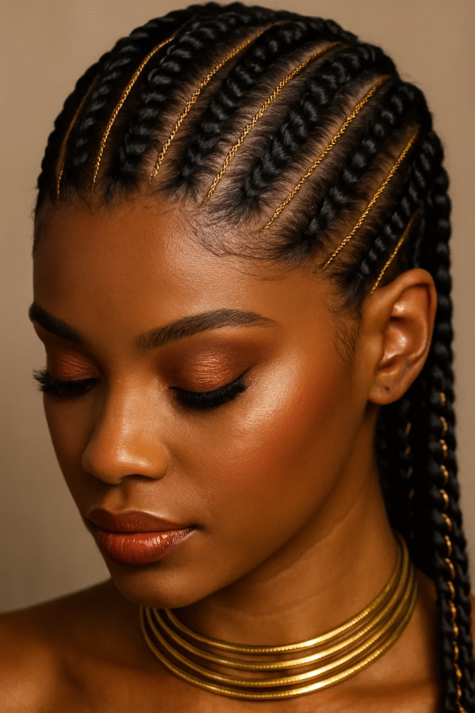 Feed-in Goddesscore braids with golden thread details