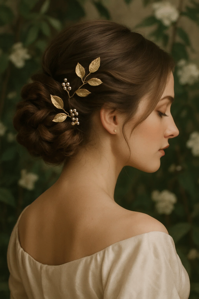 Braided bun with gold leaf pins for a romantic Goddesscore look

