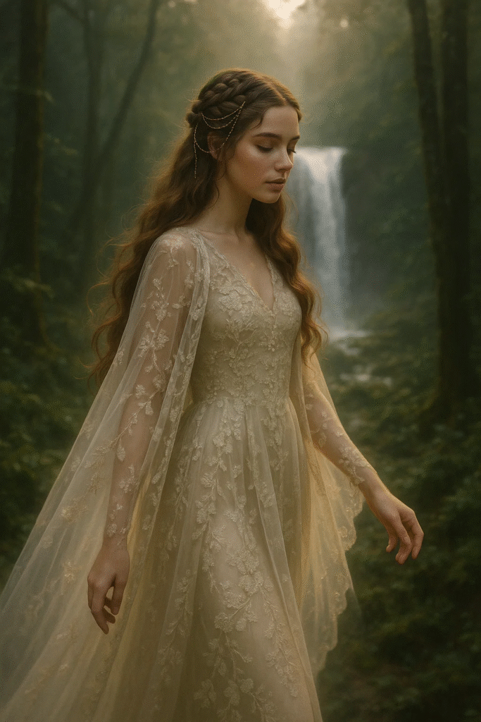 Waterfall braids with gold chain accents in a fantasy Goddesscore style

