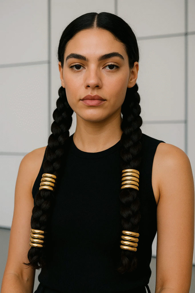 Chunky side Goddesscore braids with gold spiral cuffs

