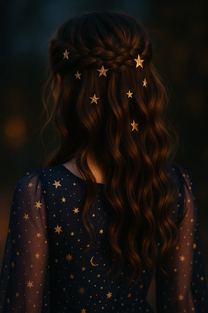 Mixed-texture Goddesscore braids with golden star pins

