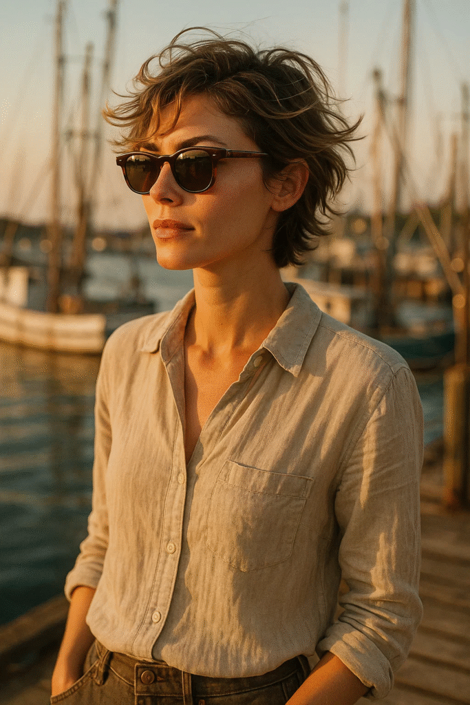 Woman with relaxed coastal short hair styled in Fisherman Chic fashion