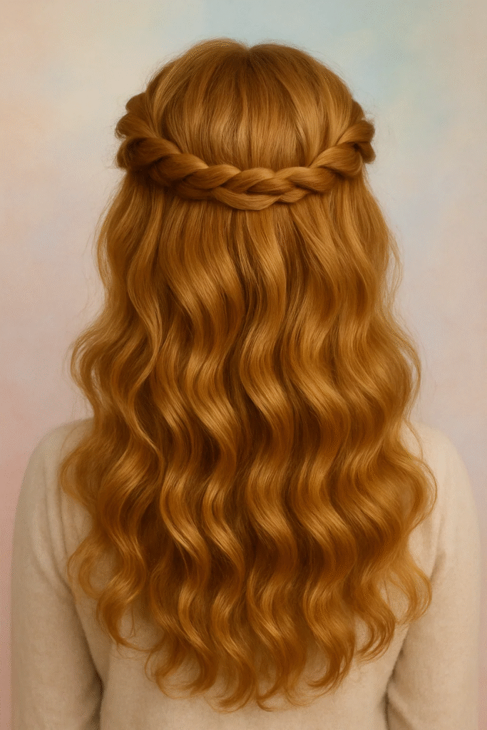 Bridesmaid with twisted halo half up hairstyle