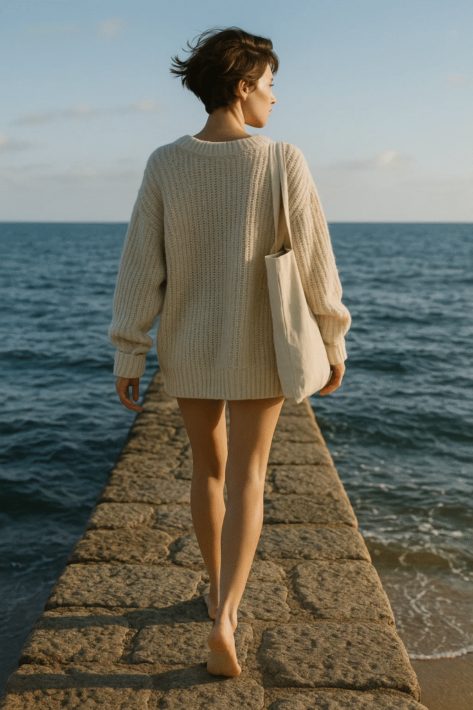 Tousled side-swept short cut styled in Fisherman Chic aesthetic